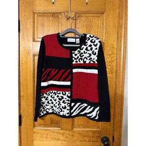 Alfred Dunner Women's L Black Red White Animal Print Patchwork Cardigan Sweater